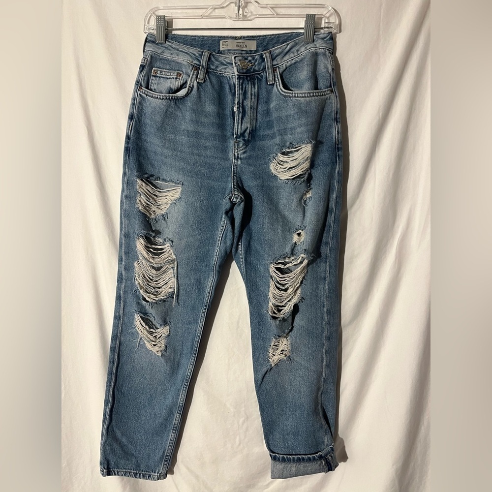 TopShop MOTO Super Ripped Distressed Loose Fit Hayden Boyfriend Jeans Sz 25 #64